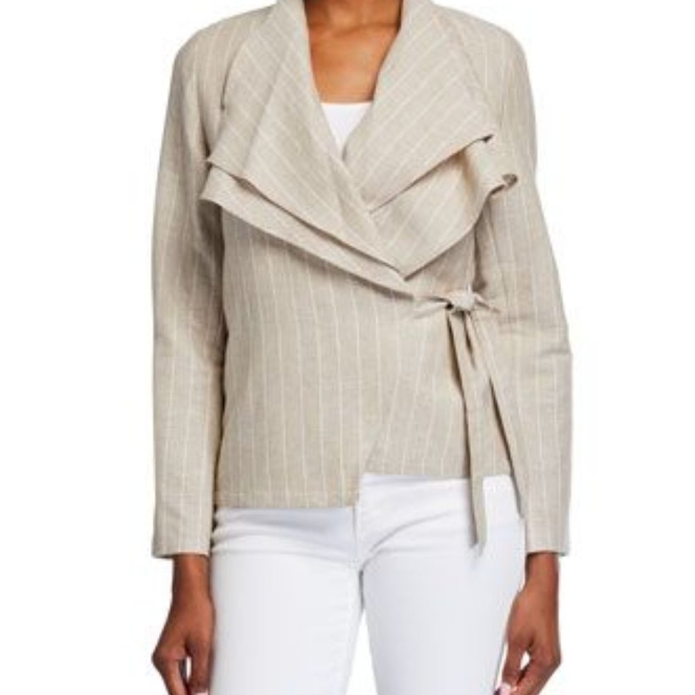 Neiman Marcus Beige Pinstripe Wrap Blazer